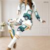 Women Plus Size Front Zip Long Sleeve Yellow White Printed Longline Top And Fitted Pants Two Piece Set