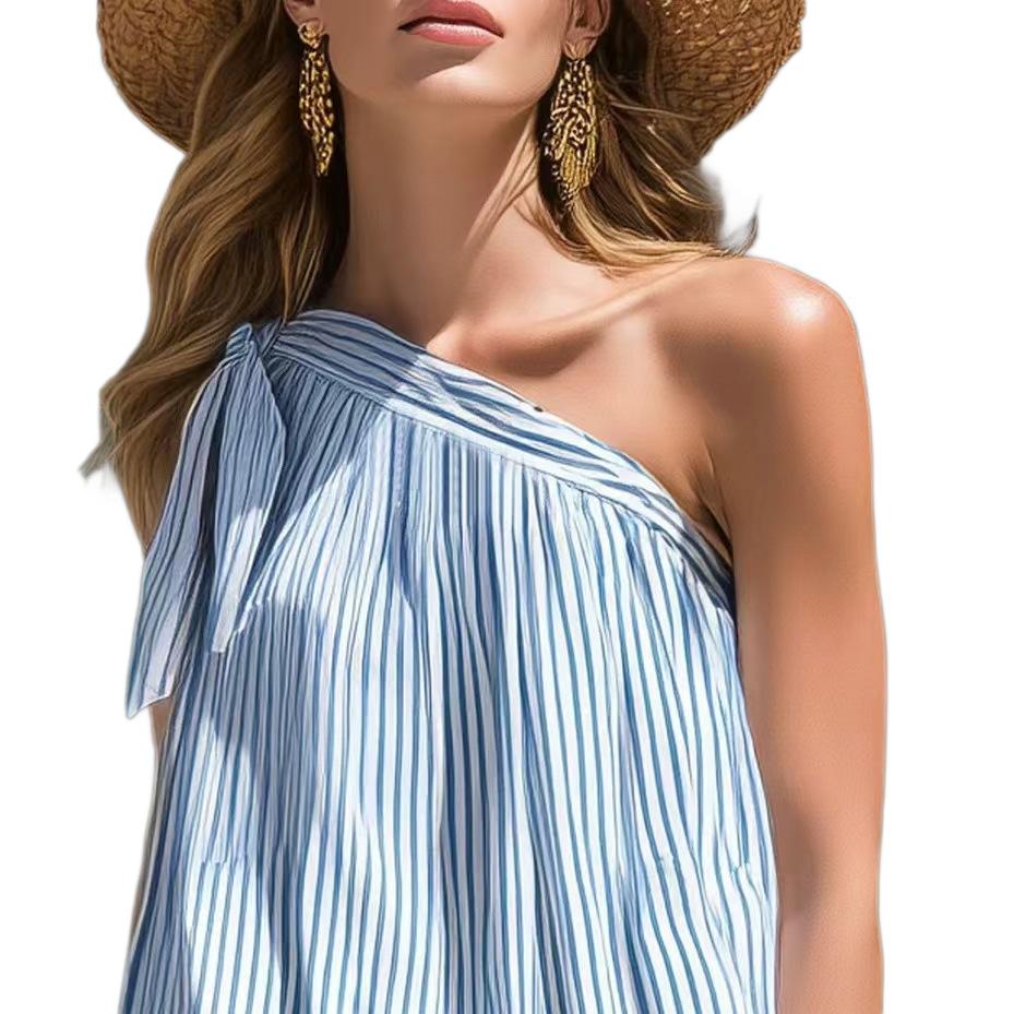 2026 cross-border new European and American style striped off-the-shoulder sleeveless top summer vacation loose fashion trend women's clothing