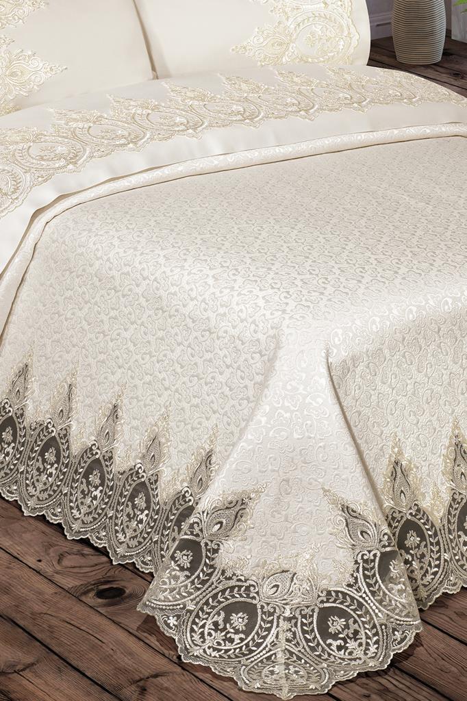 Комплект покрывала Ilaida, покрывало 240х260, простыня 240х260 с наволочкой, парчовая ткань, полный размер, кремовый двойной размер