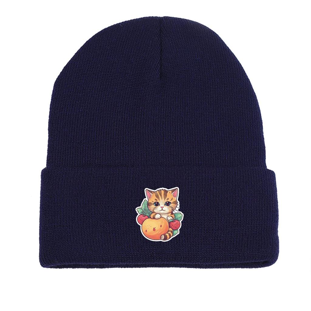 Cat Fruit Print Knitted Cap Beanie, Skull Cap Cancer Chemo Fit Trendy Headwear Knit Hat Beanie