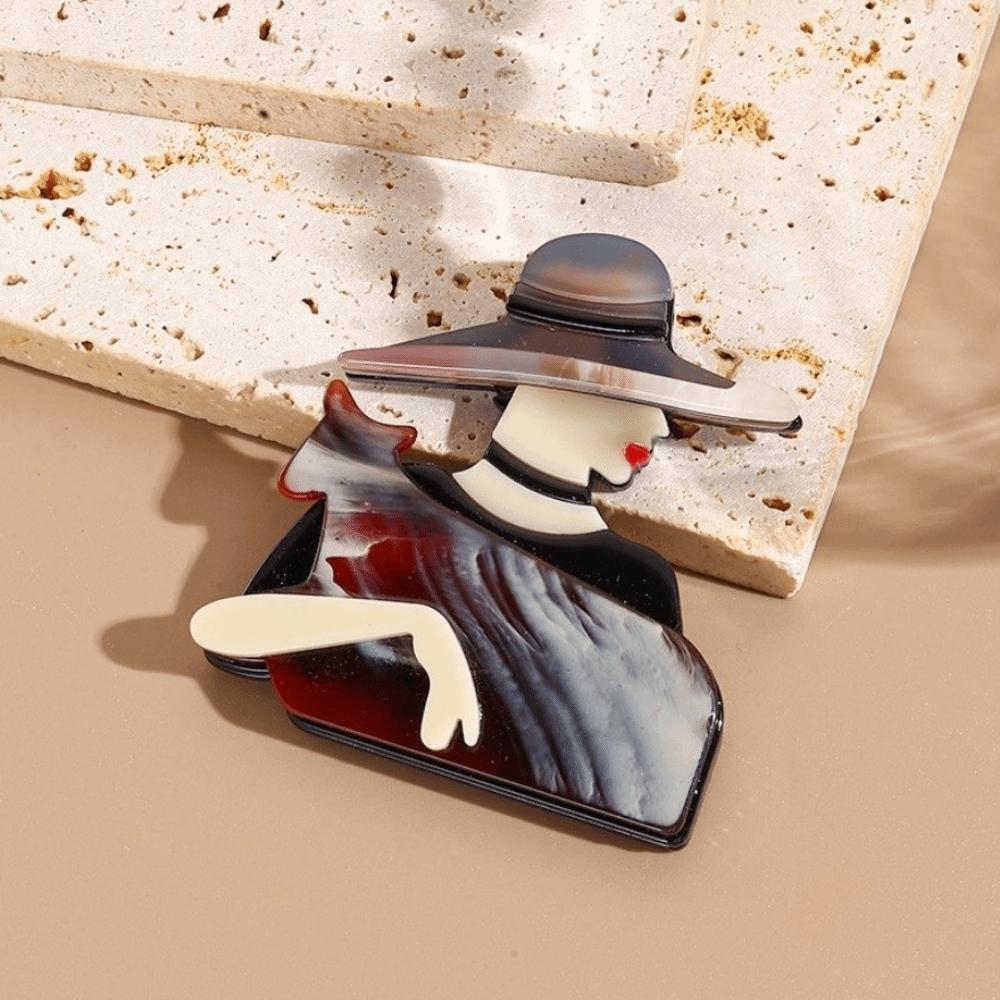 Large Women Portrait Pin Acrylic Coat Badge Cute Lady with Hat Brooch Clothing Accessories