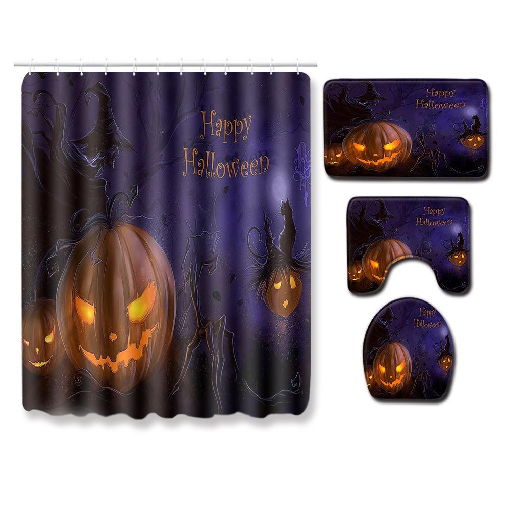 Halloween Shower Curtain Floor Mat Combination Four-Piece Set Bathroom Toilet Carpet Door Mat