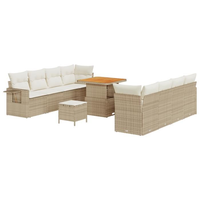Ensemble de canapé de jardin 11 pièces avec coussins en rotin poly beige acacia, Ensemble de salle à manger de jardin 3 3363666