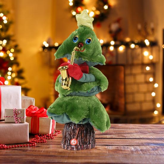 Электрическая новогодняя елочная игрушка с музыкальным светом, работающая от батареек, светодиодная, танцующая, поющая, мини-плюшевая зеленая елка, настольное украшение, украшение для вечеринки