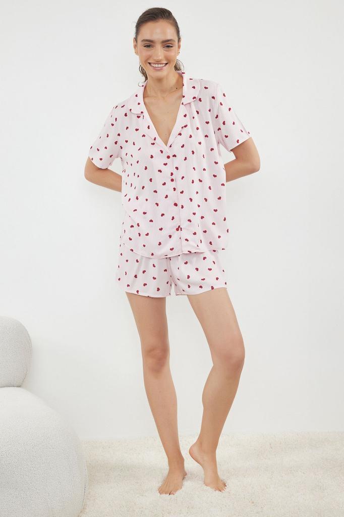 Women's Fashion Pink Striped Heart Patterned Viscose Woven Pajama Set