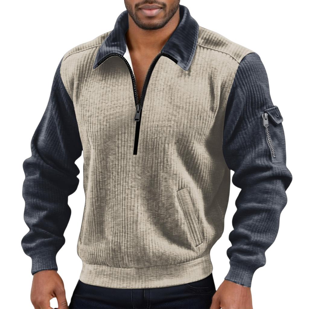 Men's Solid Color Corduroy Zipper Neck Long Sleeve Top Men's Casual Lapel Top