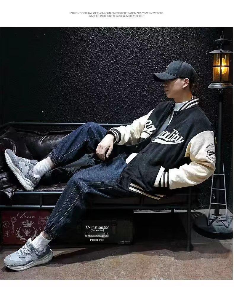 Мужская замшевая вышитая куртка-бомбер в стиле ретро - Весна/Осень