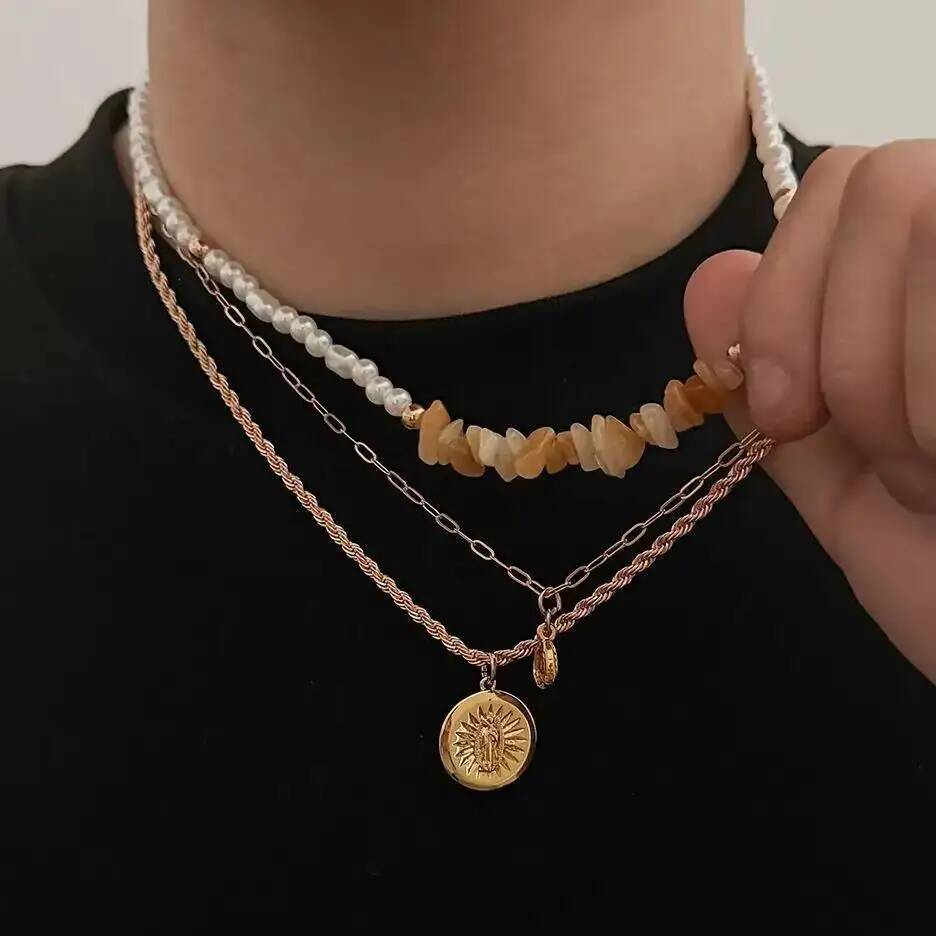 Salircon 3Pcs/Set Creative Trendy Metal Coin Pendant Necklace for Men Boho Imitation Pearl Acrylic Drill Clavicle Chain Jewelry