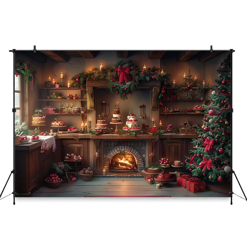 Christmas Tree Home Background For Photography Fireplace Wooden House Birthday Cake Backdrop Party Decoration Props Photo Studio