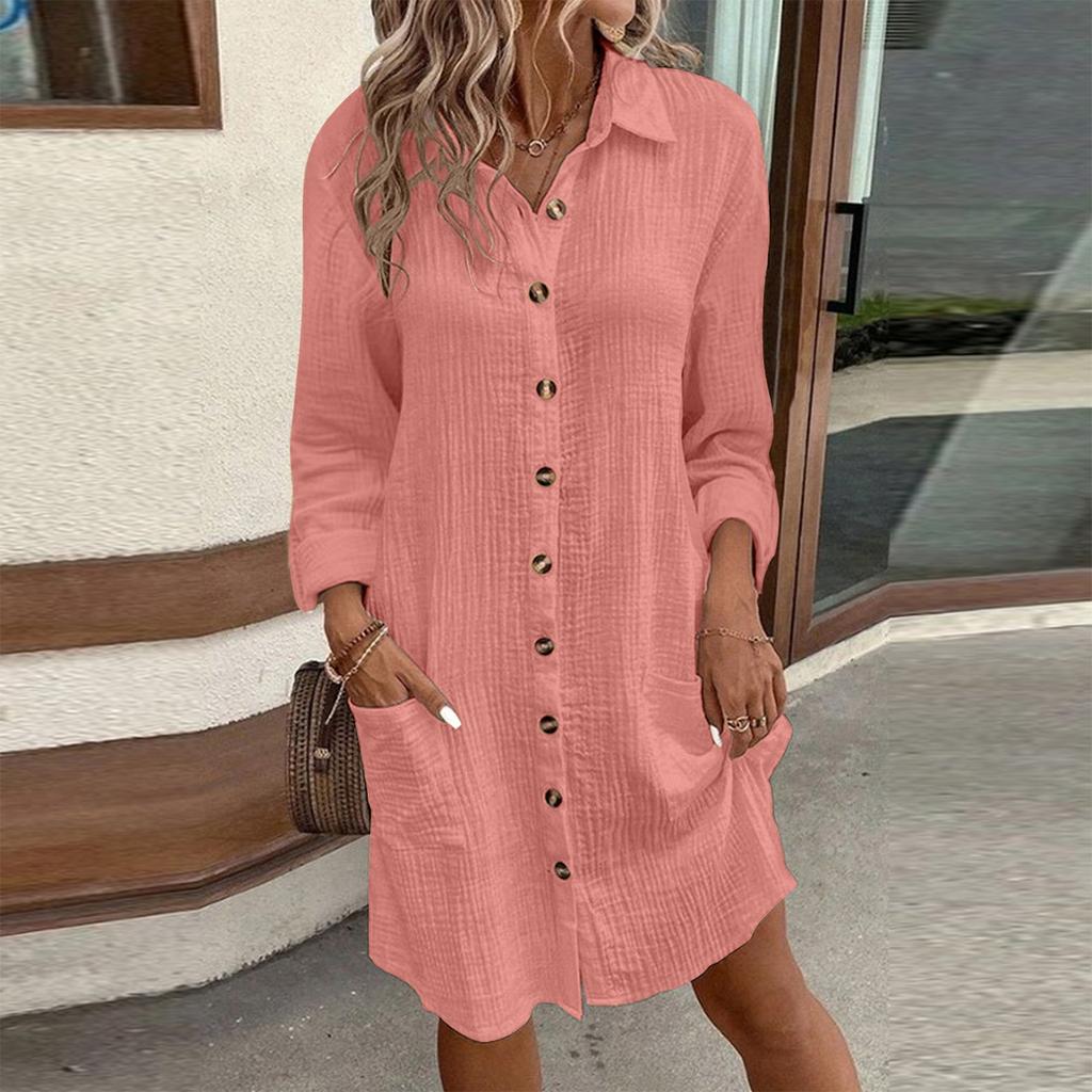Новое женское модное повседневное однотонное свободное платье средней длины с длинным рукавом на пуговицах