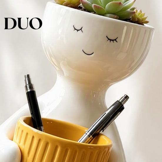 Indoor Window Sill Pot Smiling Face Plant Pot, Double Planting Space Planter, Cute Resin Zen Home Decor Sitting Figure Flowerpot for Succulents,