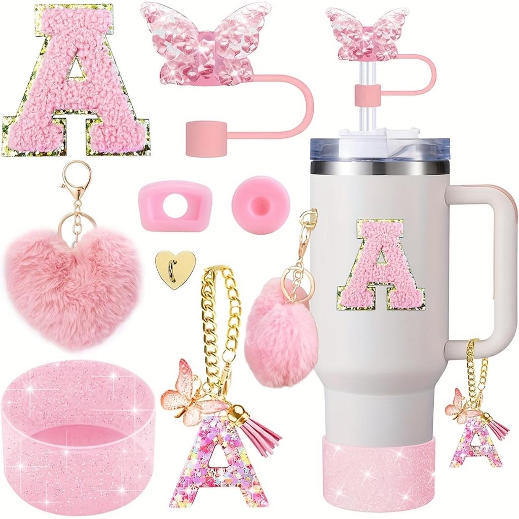 8pcs Cup Accessories for Cup 30oz 40oz Includes Butterfly Straw Cover Cap Silicone Boot Alphabet Handle Charm Initials Sticker