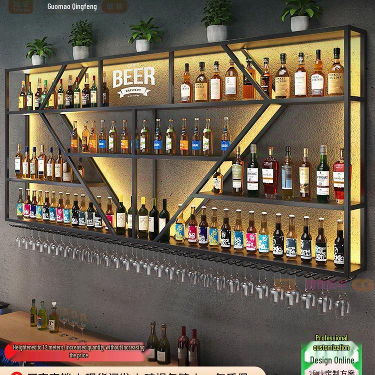 Industrial Wall-Mounted Wrought Iron Wine Rack for Bars & Restaurants - Creative Multifunctional Display Cabinet