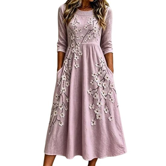 Elegant Daily Wear for Work Dating Autumn Floral Midi Dress Women, Long Sleeve Bohemian A Line Breathable Polyester Fiber Dress Vintage Waist-Cinching