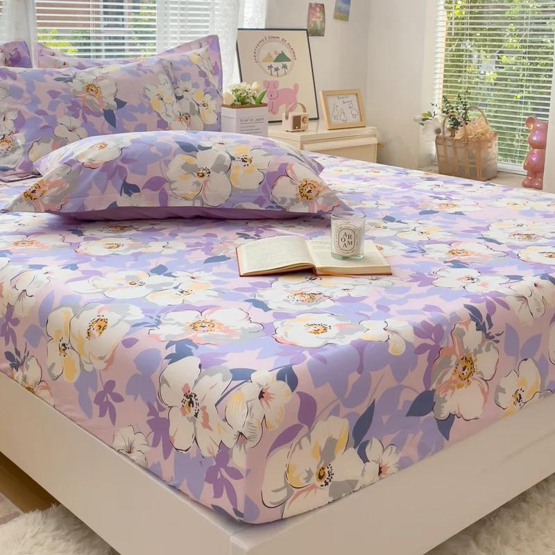 1pc 100%Cotton Bed Sheet Flower Printed Mattress Cover Single/Queen/King Fitted Bedsheet Double Bed Sheets (without Pillowcase)