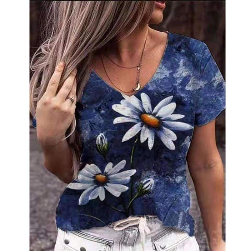 Summer Hot Selling 3D Printed V-neck Short Sleeved T-shirt for Women T-shirt Top