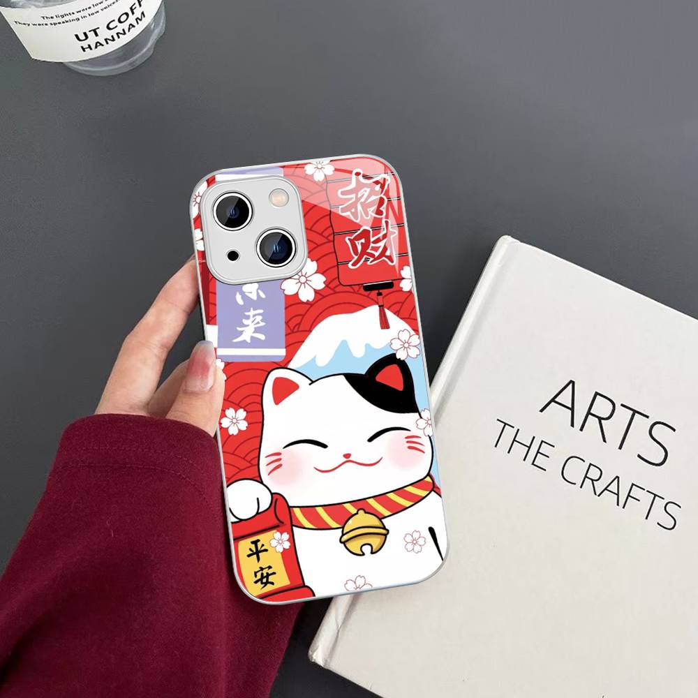 Счастливый кот Манэки-нэко Закаленное стекло Для Iphone 14 13 12 11 Pro Mini XS MAX 14Plus X XS XR Чехол