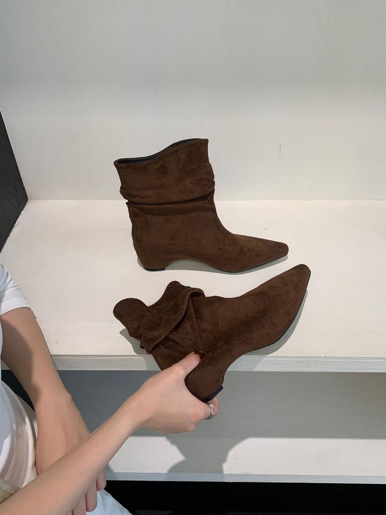 Autumn new inner height increase retro stacking square head splicing tube boots short boots pleated women's boots