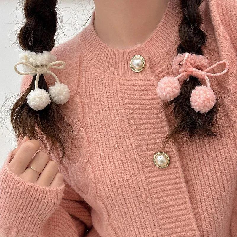 Strawberry Pink Ball Hair Ties Cherry Blossom Bow Scrunchies for Girls Kawaii Ponytail Holders Furry Pompoms Hair Accessorie