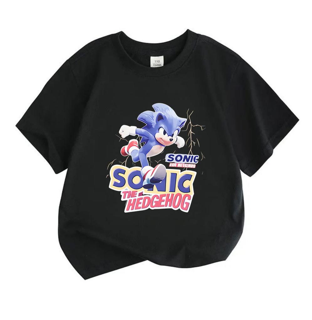 Cute Blue Running Hedgehog Print Kids Unisex Crew Neck Short Sleeve T-Shirt, 100% Cotton Casual Soft Breathable Tees for Boys Girls Daily Wear Summer
