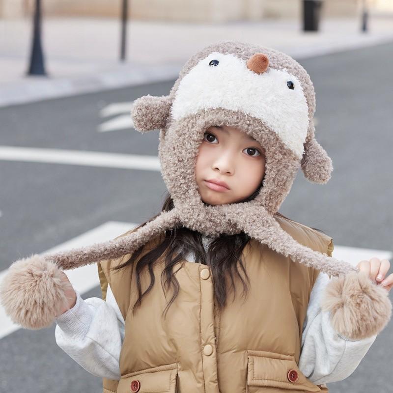 Детская милая вязаная шапка-бини с пингвином из пушистого полиэстера для холодной погоды и тепла для головы