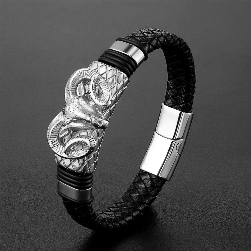 European and American Men's Constellation Leather Bracelet Woven, Fashionable Titanium Steel Leather Rope Bracelet Men