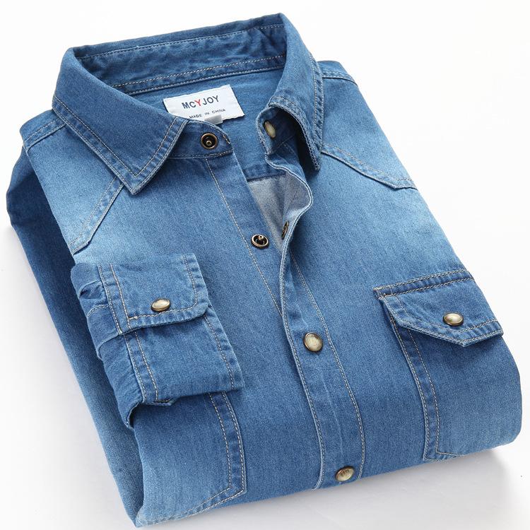 Мужские хлопковые джинсовые рубашки, повседневные мужские джинсы с длинным рукавом, синяя рубашка