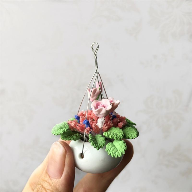 1pcs Garden Balcony Flower Arrangement Ceramic Planter Can Hang Pink Rose Bush Crafts Miniature Scene Ornaments Potted Plants Garden Greenery