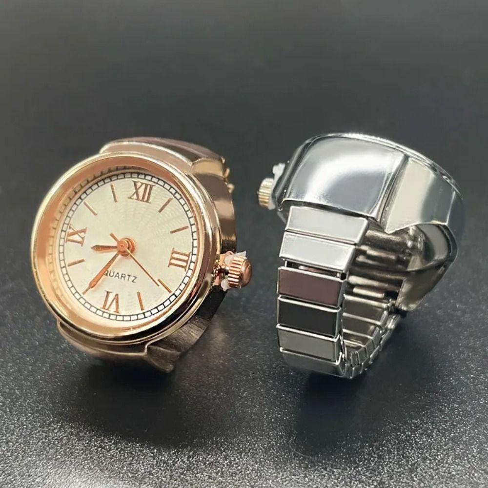 Fashion Alloy Quartz Watch Rings Mini Punk Elastic Strap Ring Vintage Adjustable Finger Ring Women Men