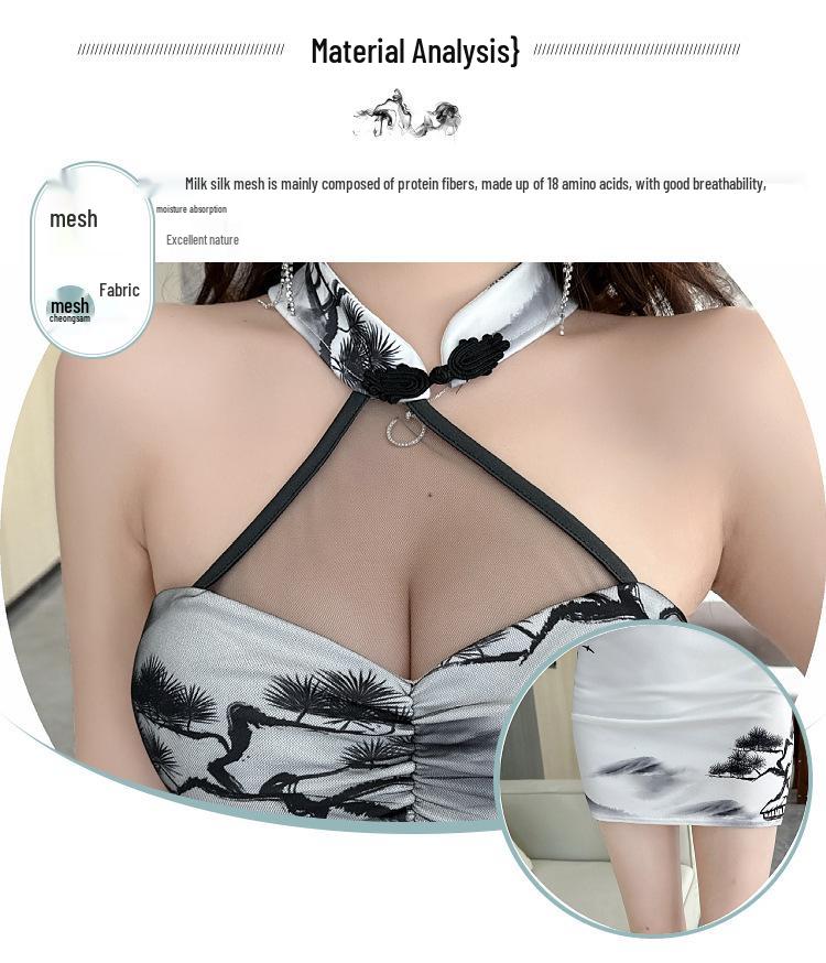 Chinese Style Sexy Mesh Halter Cheongsam Bodycon Dress