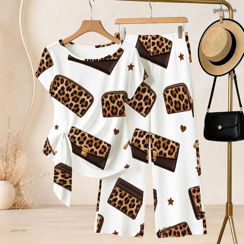 Women Plus Size White Printed Two Piece Set Round Neck Short Sleeve Knot Hem Top Long Pants
