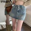 Cowboy Short Skirt Double Button Design High Waist A-line Half Body Retro Skirt for Women