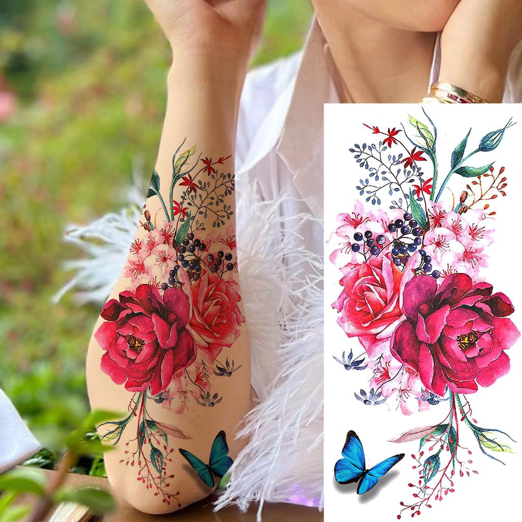 1 Sheet Snake Temporary Tattoos For Women Men Arm Leg Forearm Body Adults Rose Fake Flower Tattoo Sticker Waterproof Covers Up