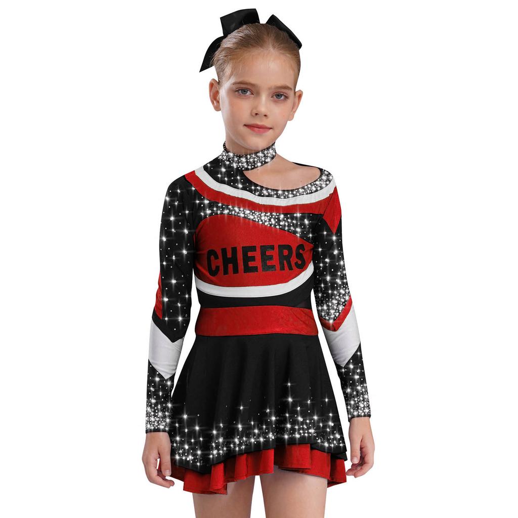 Girls Stage Performance Costume Long Sleeve Letter Print Shiny Rhinestones Color Block Cheerleading Set