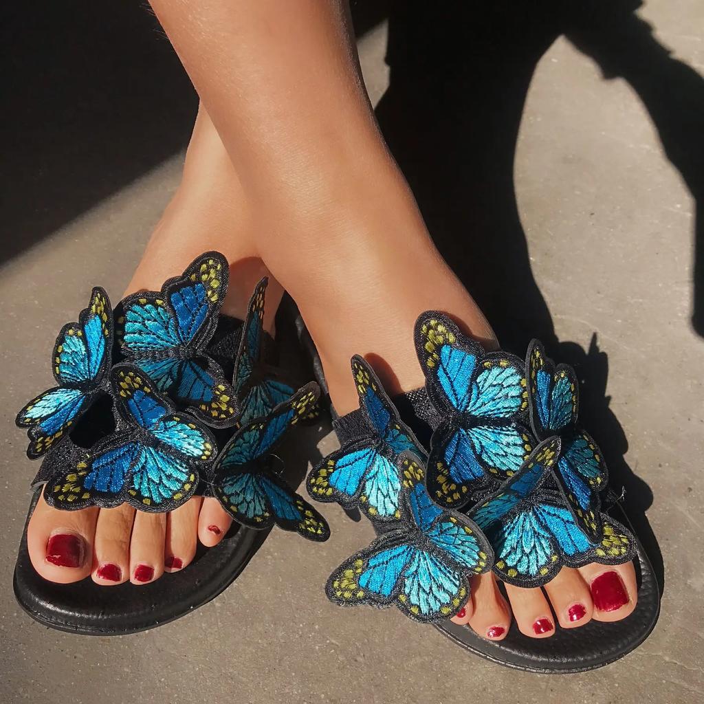 Women Retro Butterfly Slippers Summer Fashion Embroidery Lightweight Anti Slip Flat Bottom Sandal Outdoor Beach Casual Shoes