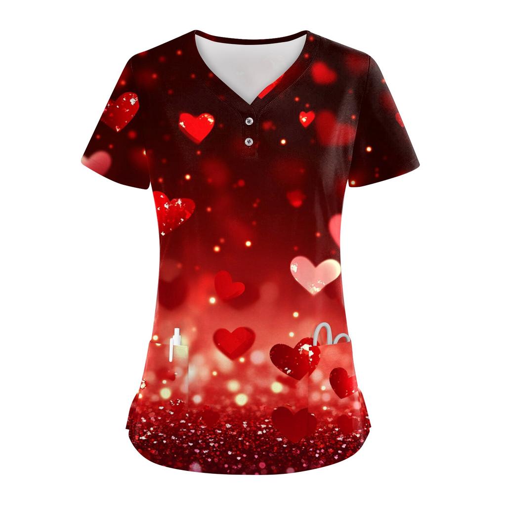 Женские модные повседневные топы с V-образным вырезом на пуговицах и принтом ко Дню святого Валентина, топы для кормящих мам, топы-халаты для женщин, 2 кармана