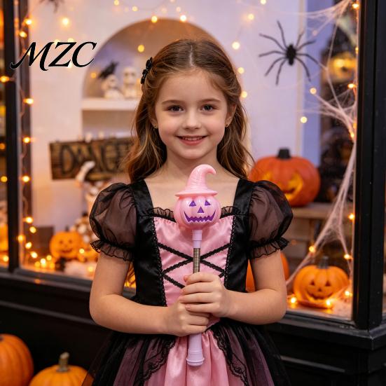 Spooky Theme Party Decorations Halloween Lighted Sticks, Glowing Pumpkin Lantern, Handheld Shaking Light Spring Wobble Figurine with Witch Hat,
