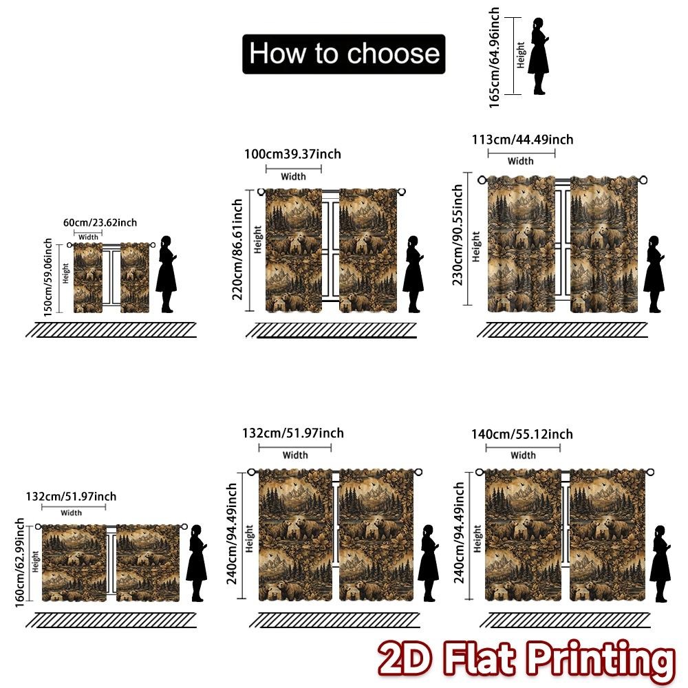 2D FLAT PRINTING 2pcs Curtains (Without Rod) Bears in Forest Landscape Modern Curtains Digital Printed Polyester Curtains Gift