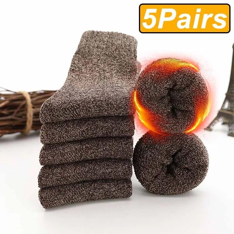 5 Pairs Winter Warm Men’s Socks Wool Male Women Socks Super Thicker Solid Socks Merino Wool Socks Against Cold Snow Terry Socks