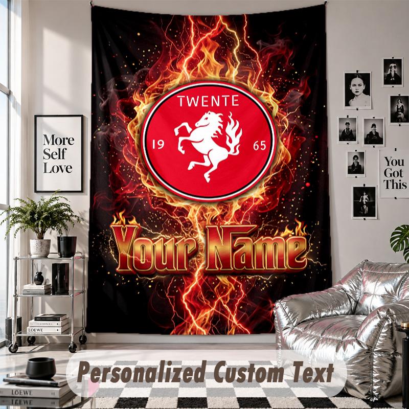 Wall Hanging Tapestry With Custom Name & Text, FC Twente Decorative Tapestry For Bedroom