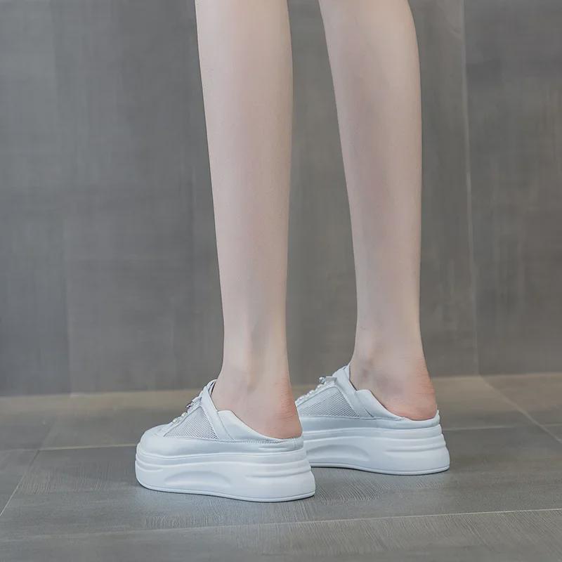 2025 Spring/Summer Women's White Mesh Breathable Lightweight Thick Sole Elevated Soft Leather Lace-Up Casual Shoes