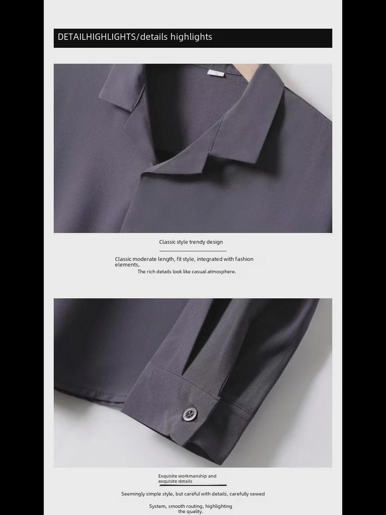 Мужская модная рубашка с длинными рукавами и кубинским воротником из ледяного шелка — свободная, повседневная, стильная для весны и осени