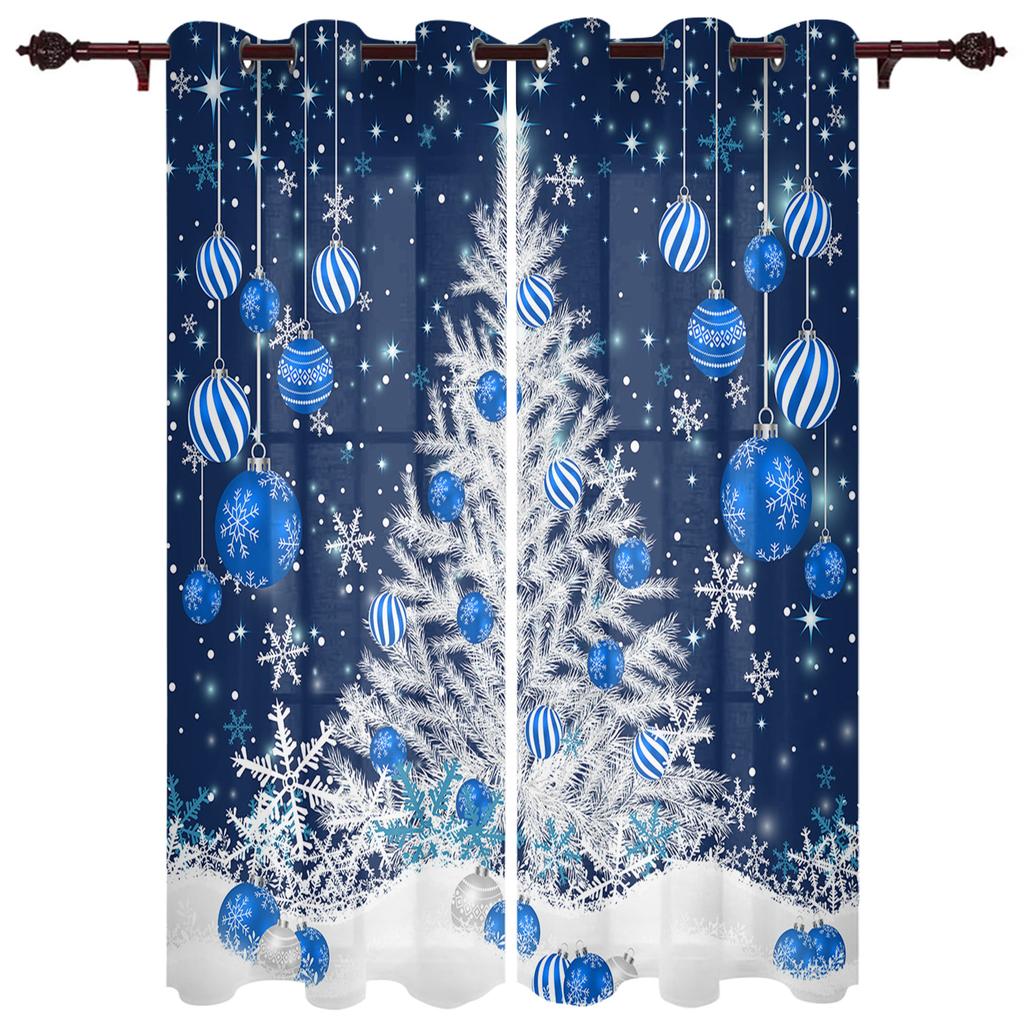 Blue Christmas Tree Christmas Ball Snowflake Print Curtains Bedroom Living Room Drapes Kitchen Window Curtain Home Decoration