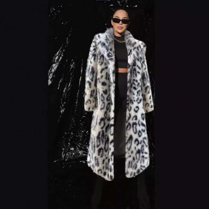Womens Mid-Length Faux Fur Coat With Leopard Print Notched Lapel Detachable Fox Trim Elegant Casual Outerwear