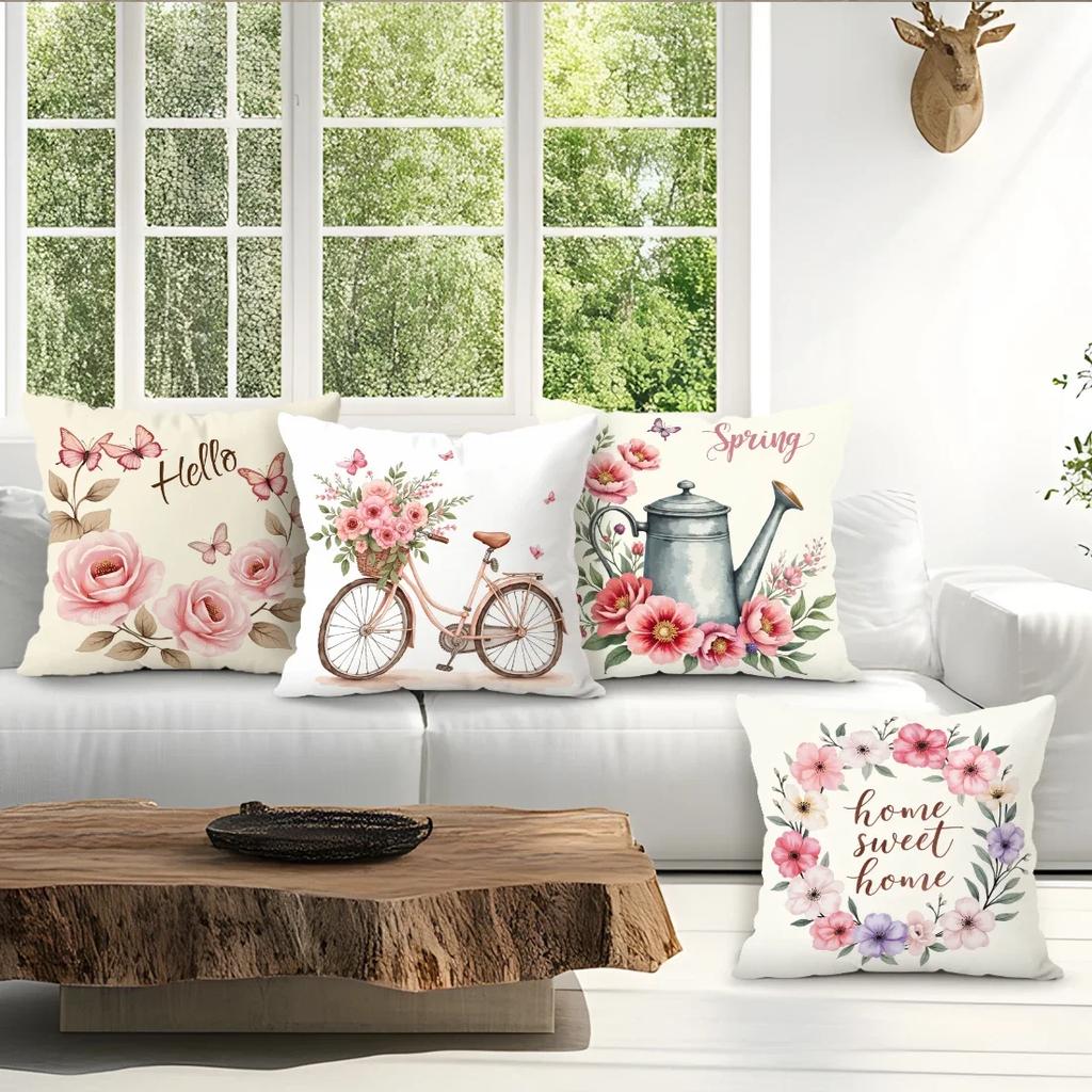 4 Pcs Simple Watercolor Flower And Bicycle Design Single-Sided Printed Pillowcase For Home Bedroom Living Room