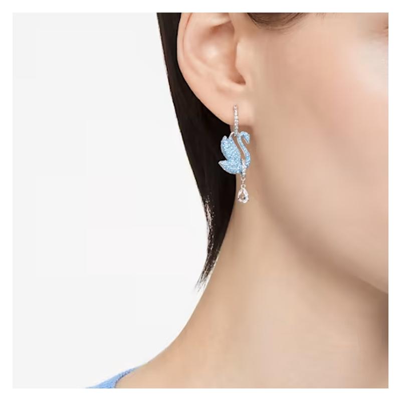 Swarovski Серьги-капли в форме лебедя, родиевое покрытие, для мужчин и женщин, парный стиль, синие 5660593