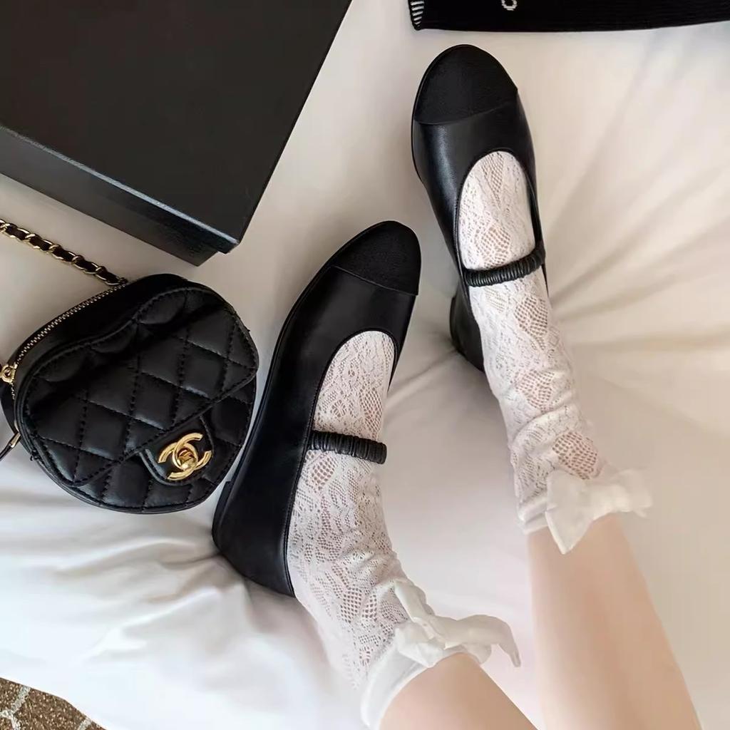 Cowhide Version of Grape Mother, the Same Color Matching Is Thin and Elastic, with Retro Leather Mary Jane Shoes Women's Flat Shoes