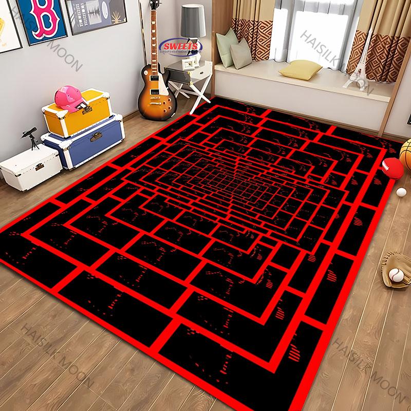 Red and Black Visual Maze Geometric Fashion Carpet Rug for Bedroom Livingroom Floor Playroom Office Decor Yoga Mat for Family