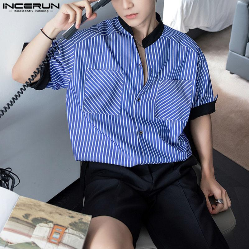 INCERUN Мужские повседневные рубашки с коротким рукавом, без воротника, в полоску, со строчкой