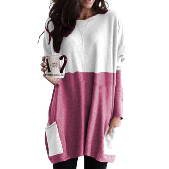 Women Tops Round Neck Long Sleeve Color Block Pullover Tops with Pockets Loose Fit Mid-length Shirt Daily Wear